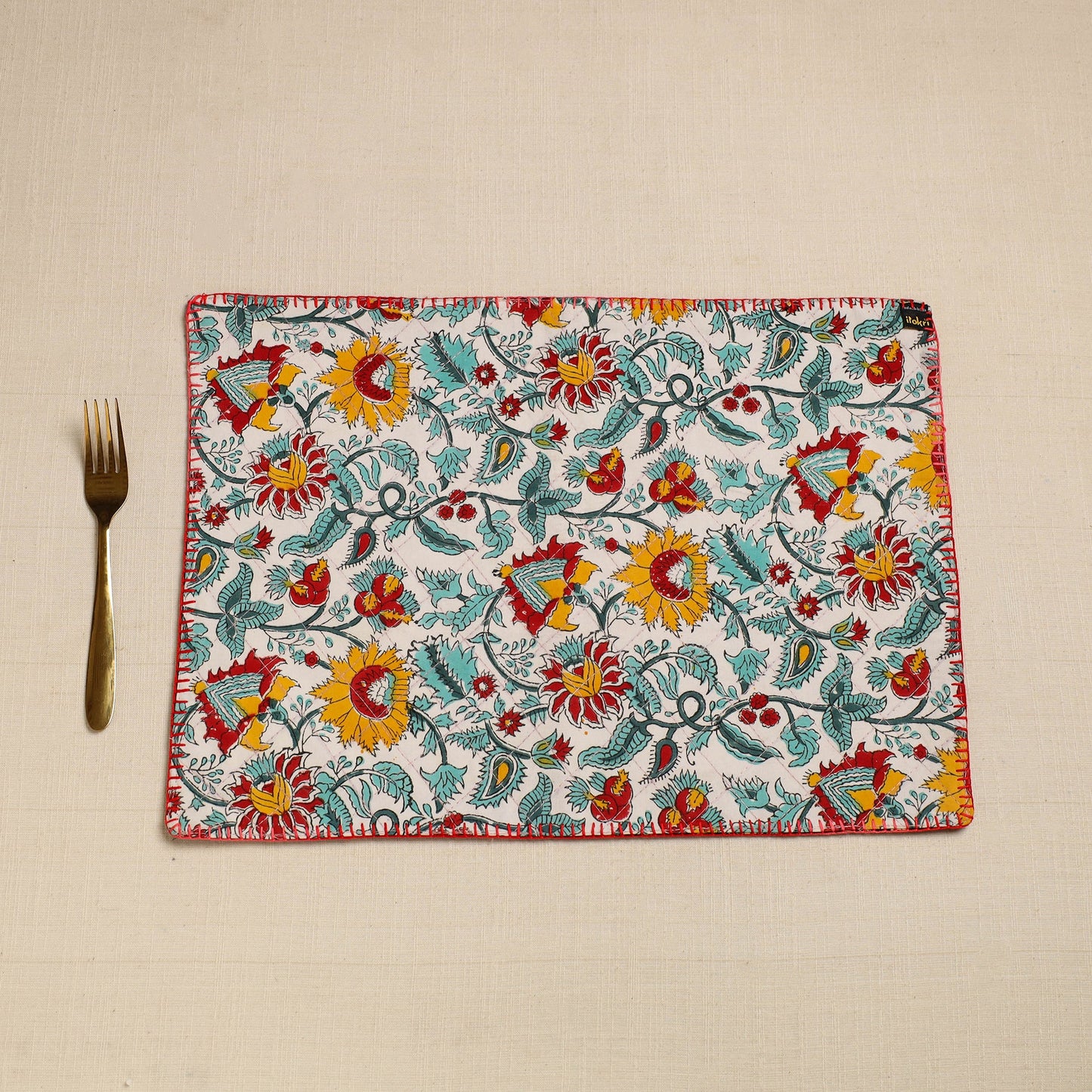 Black Hand Embroidered Floral Cotton Reversible Table Mat