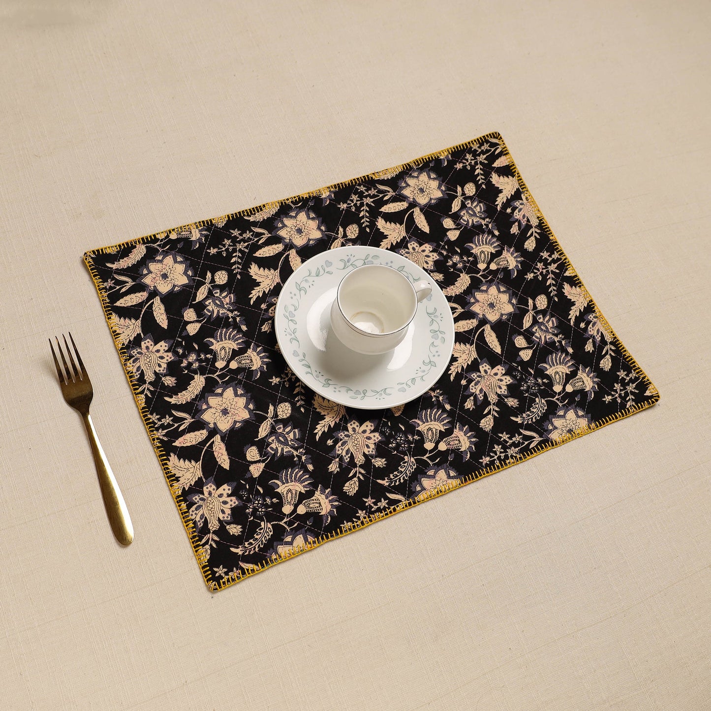  Black Hand Embroidered Floral Cotton Reversible Table Mat