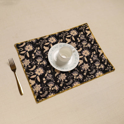  Black Hand Embroidered Floral Cotton Reversible Table Mat