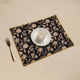  Black Hand Embroidered Floral Cotton Reversible Table Mat