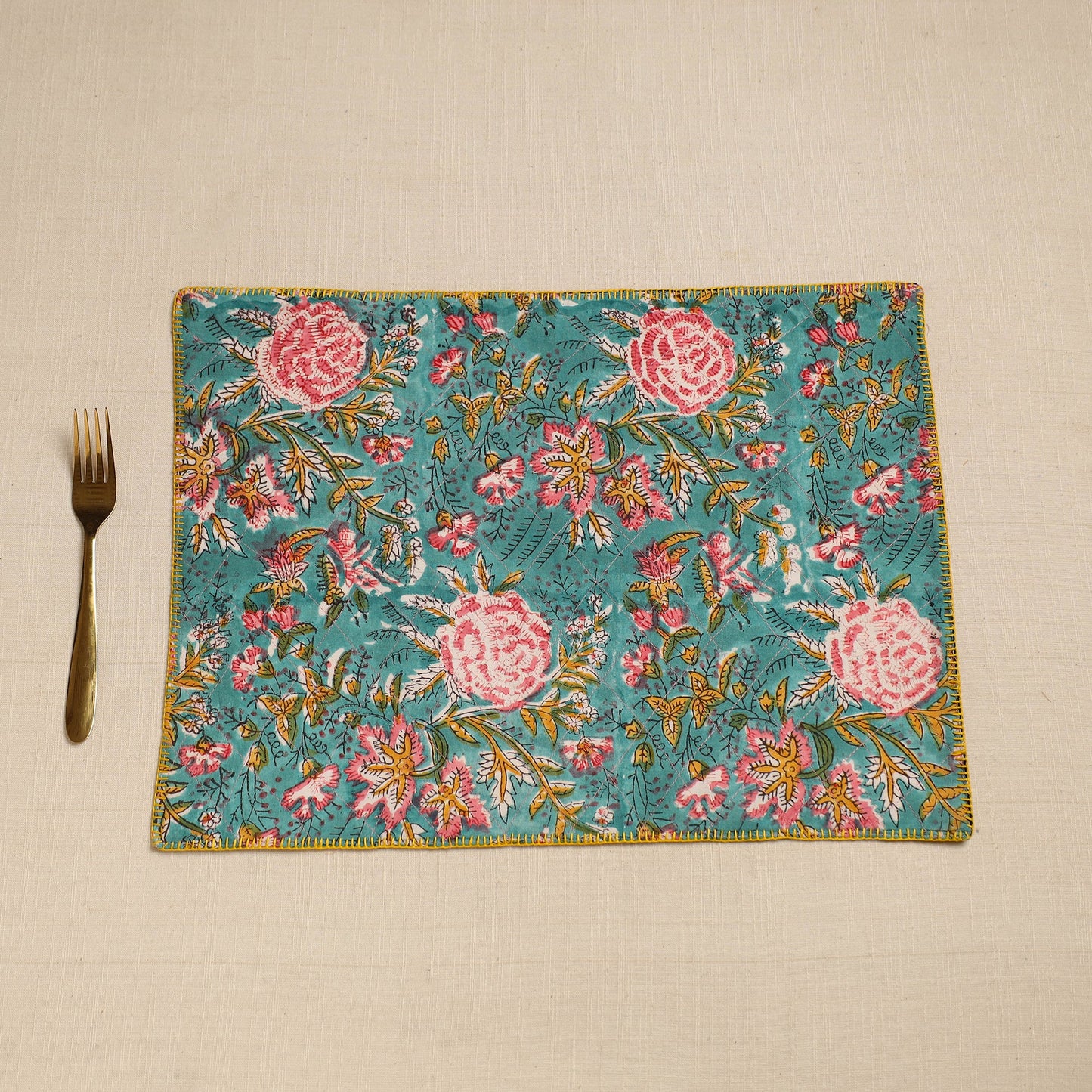  Black Hand Embroidered Floral Cotton Reversible Table Mat