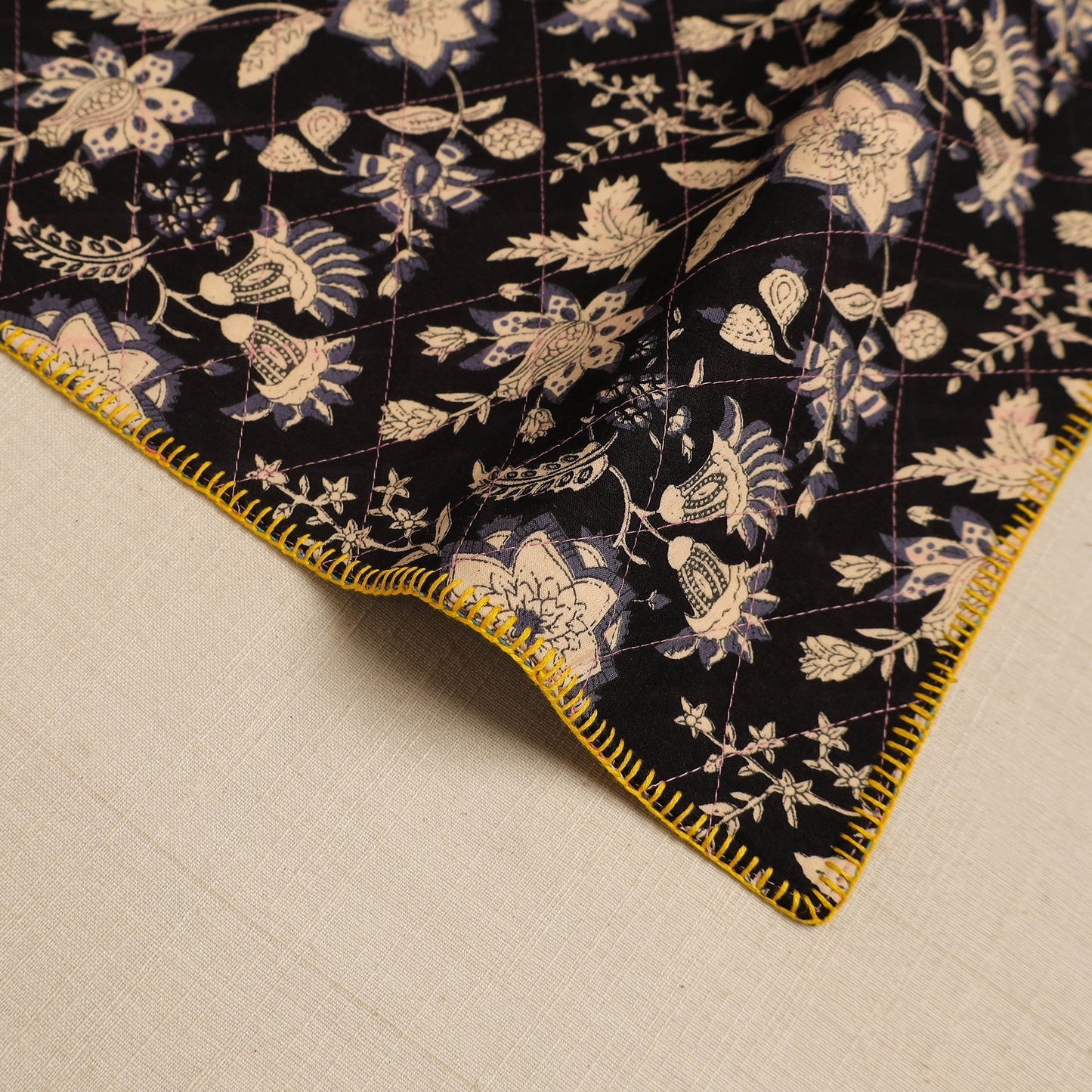  Black Hand Embroidered Floral Cotton Reversible Table Mat