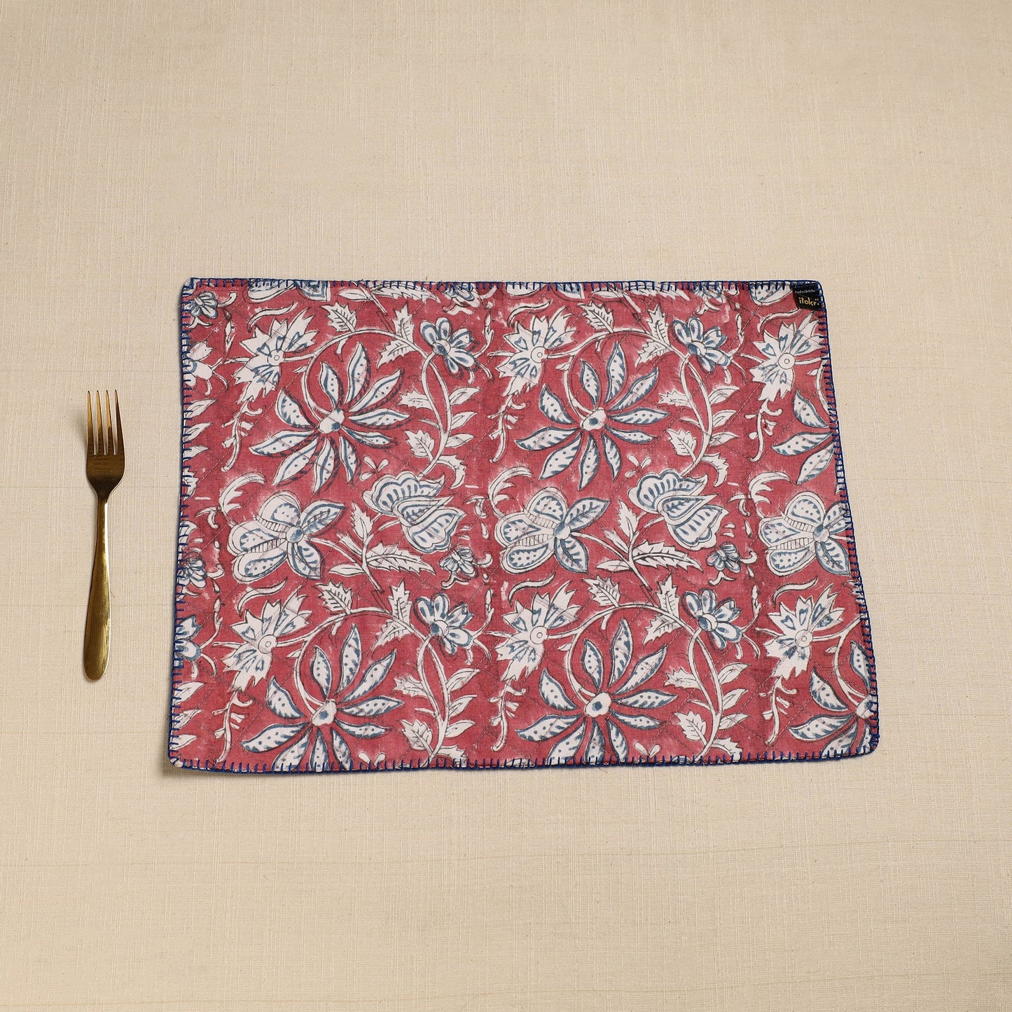 Black Hand Embroidered Floral Cotton Reversible Table Mat