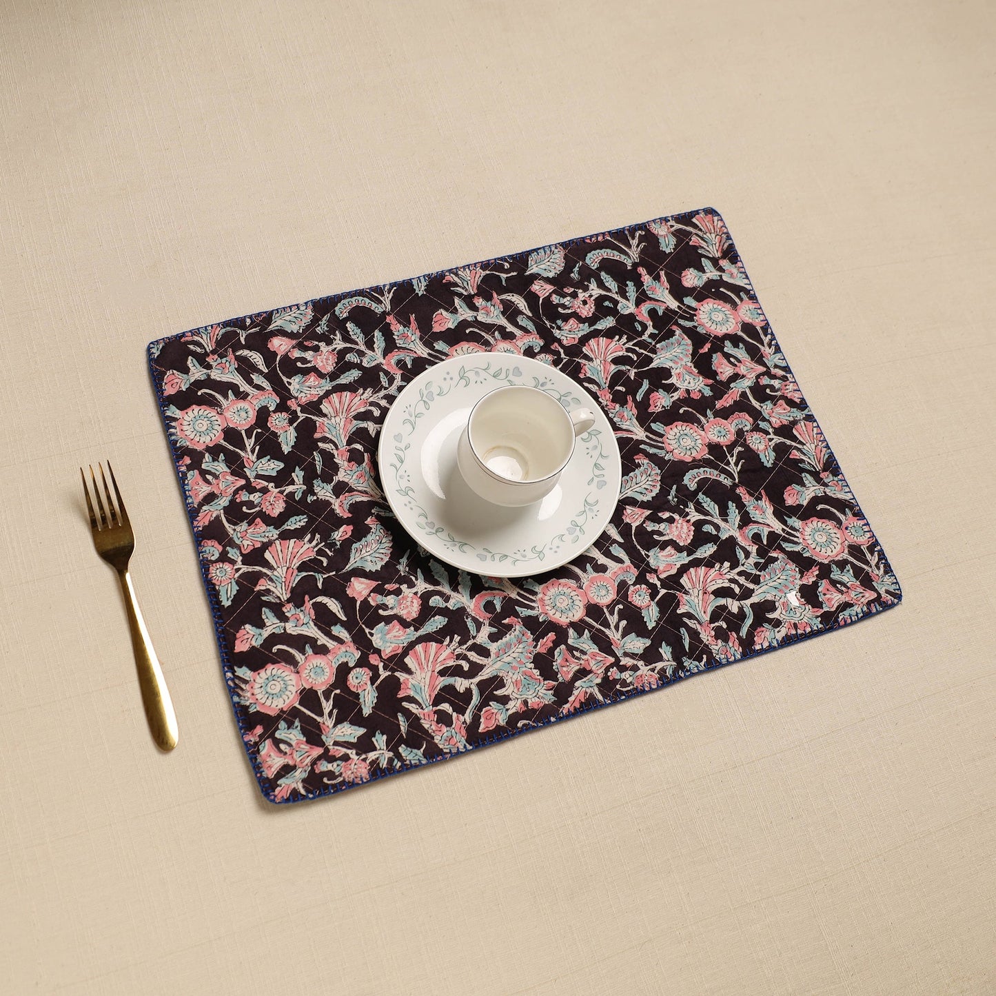 Black Hand Embroidered Floral Cotton Reversible Table Mat