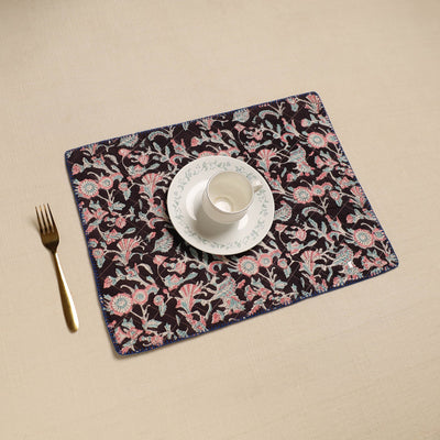 Black Hand Embroidered Floral Cotton Reversible Table Mat