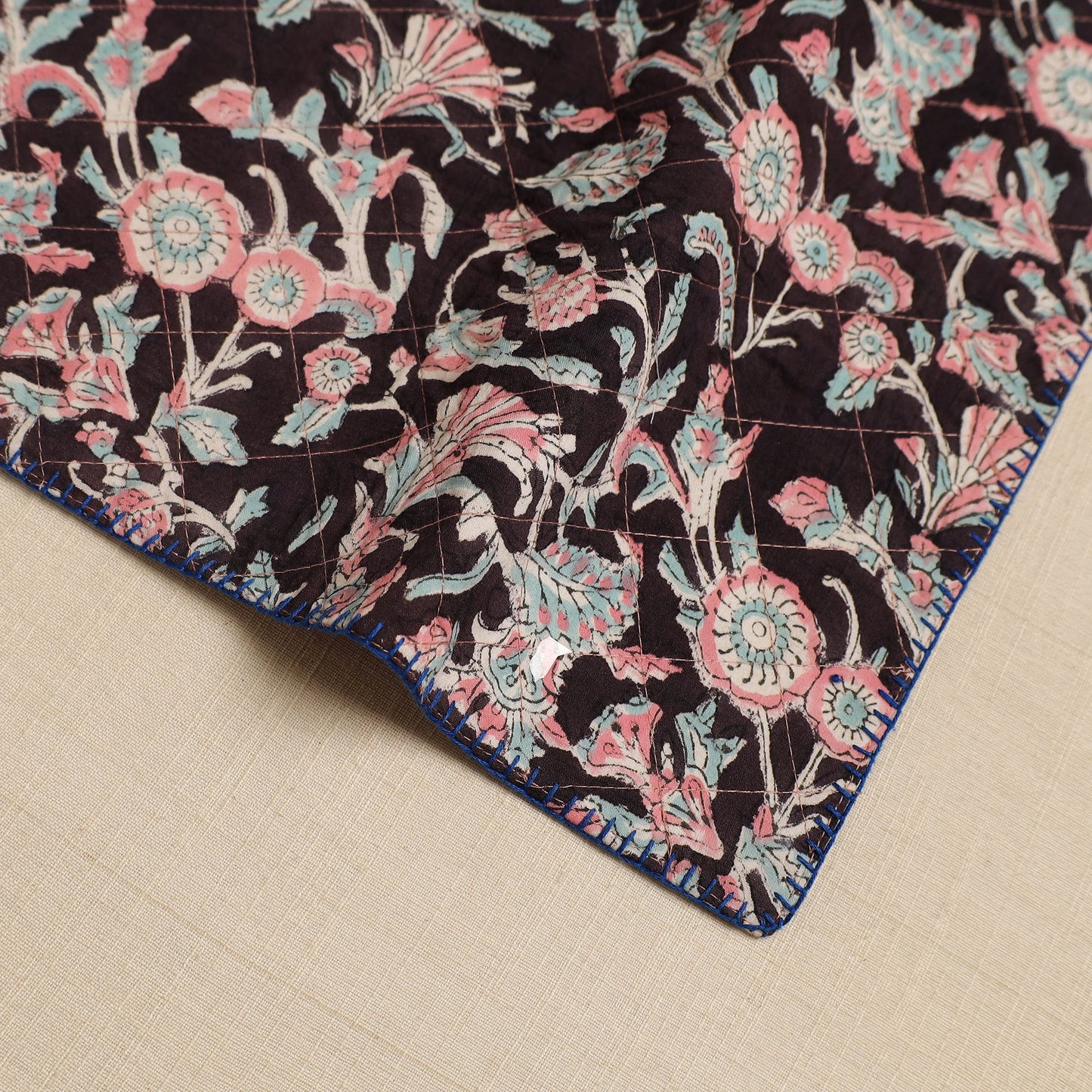 Black Hand Embroidered Floral Cotton Reversible Table Mat