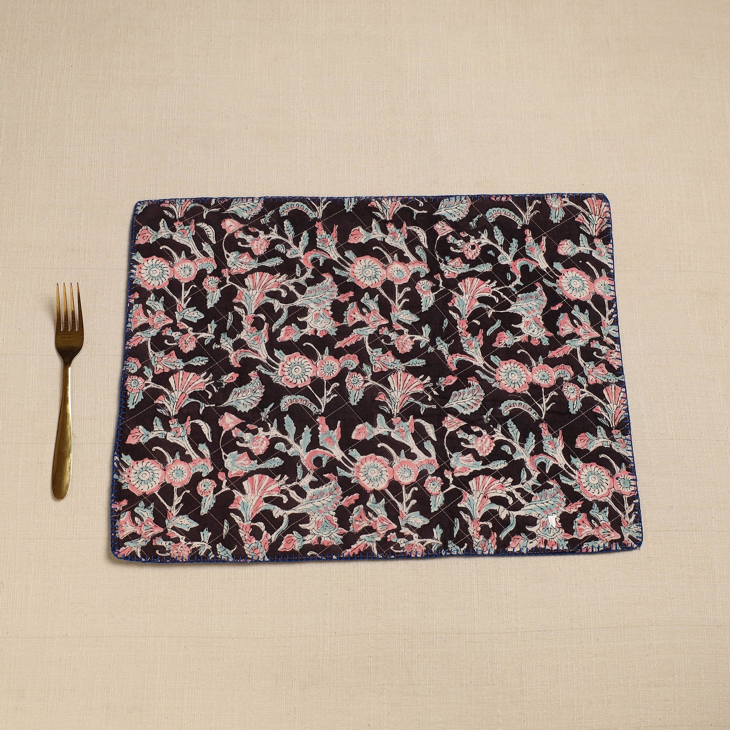 Black Hand Embroidered Floral Cotton Reversible Table Mat