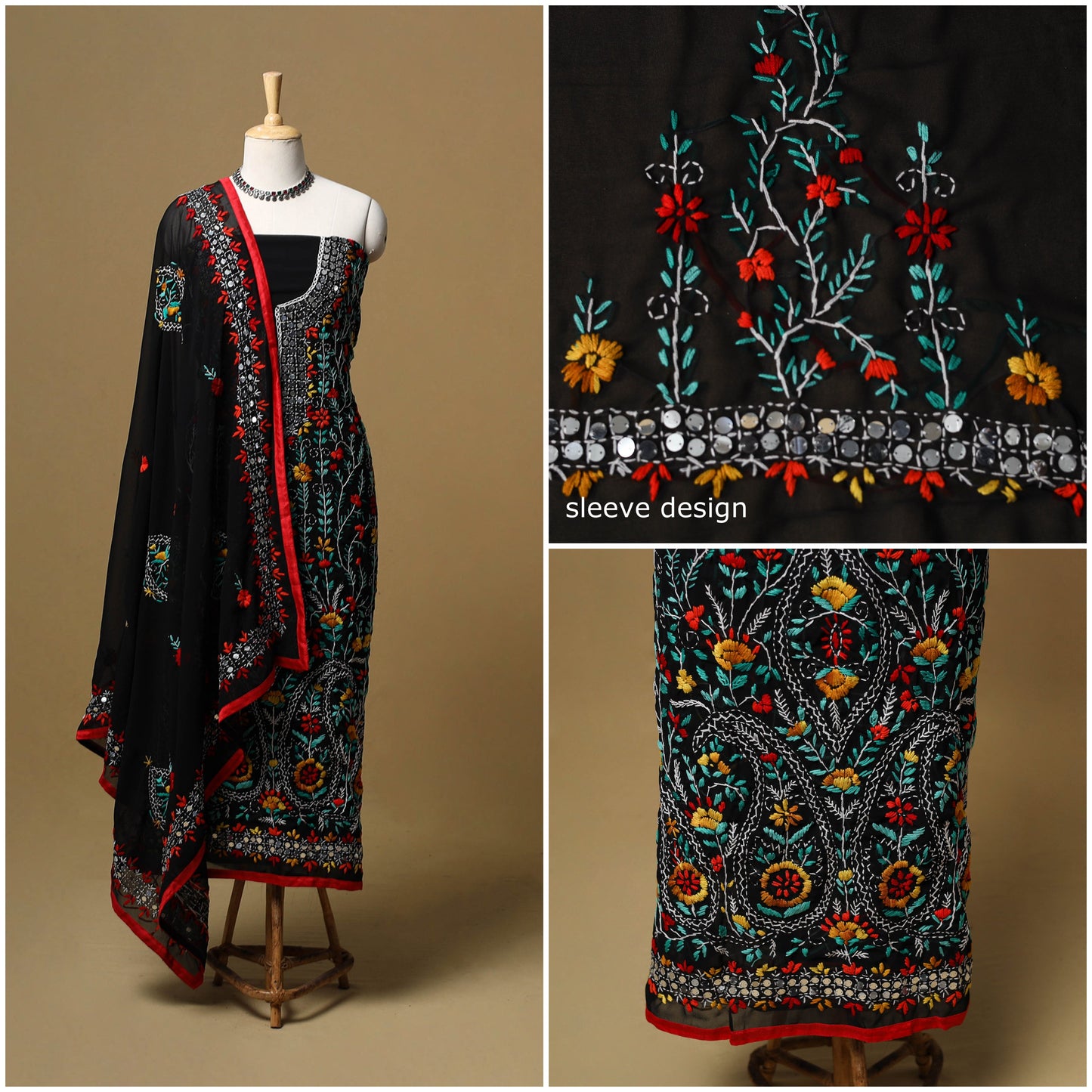 Hand embroidered georgette 3pc unstitched dress material 47