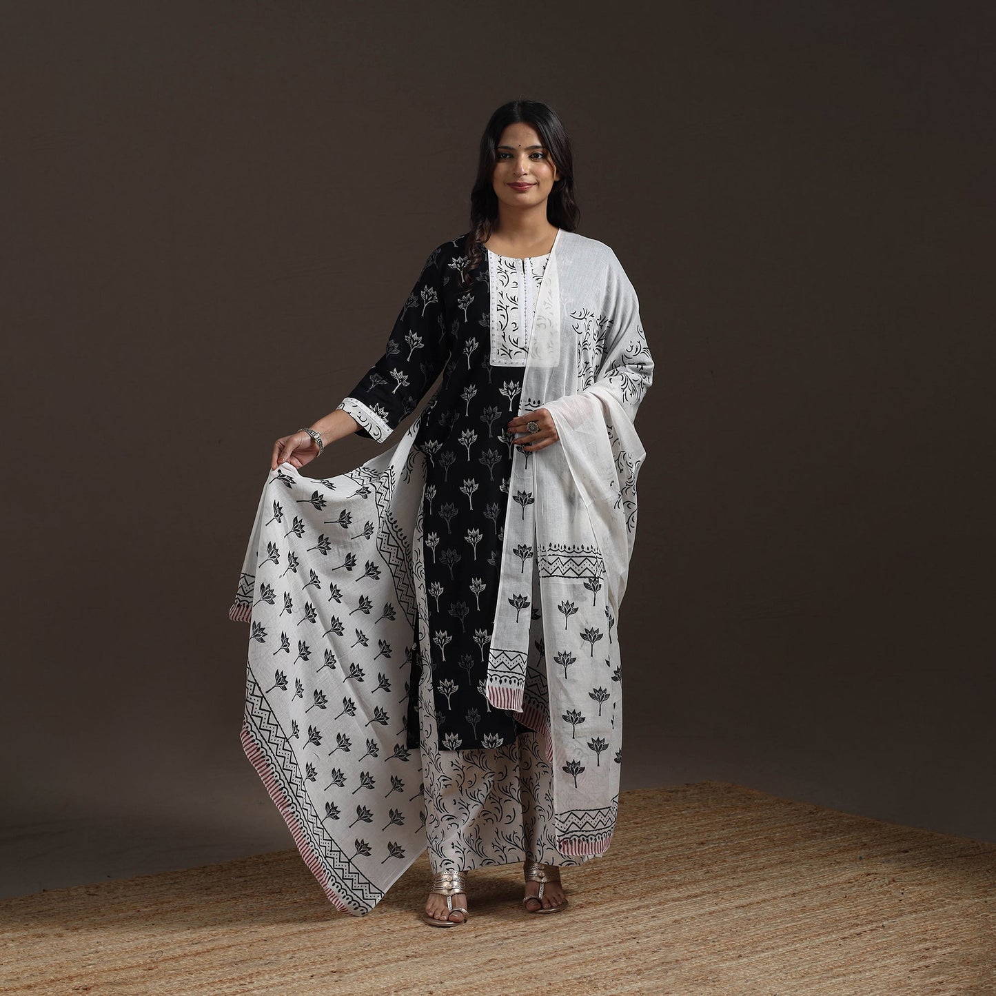 Hand embroidered jaipur cotton suit set with dupatta