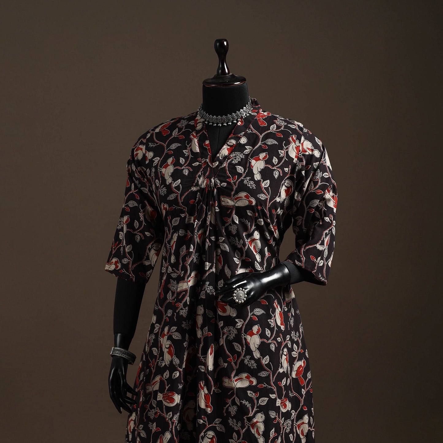 Hand embroidered printed cotton a-line kalamkari kurta