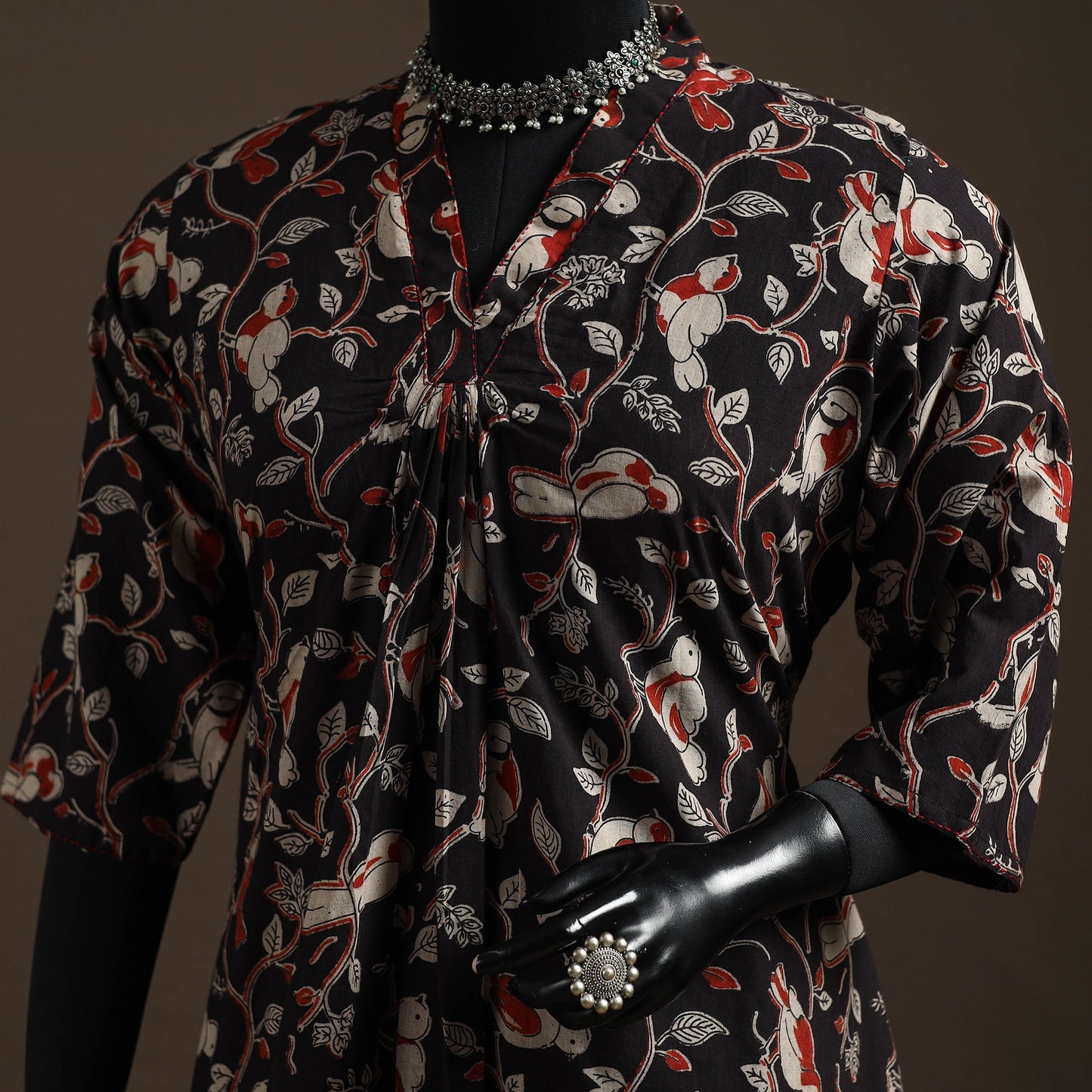 Hand embroidered printed cotton a-line kalamkari kurta