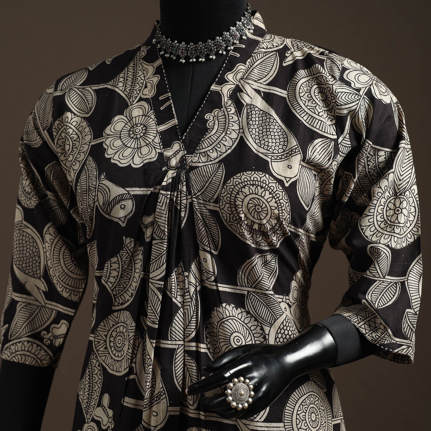 Hand embroidered printed cotton a-line kalamkari kurta