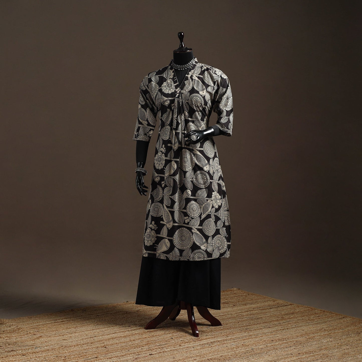 Hand embroidered printed cotton a-line kalamkari kurta
