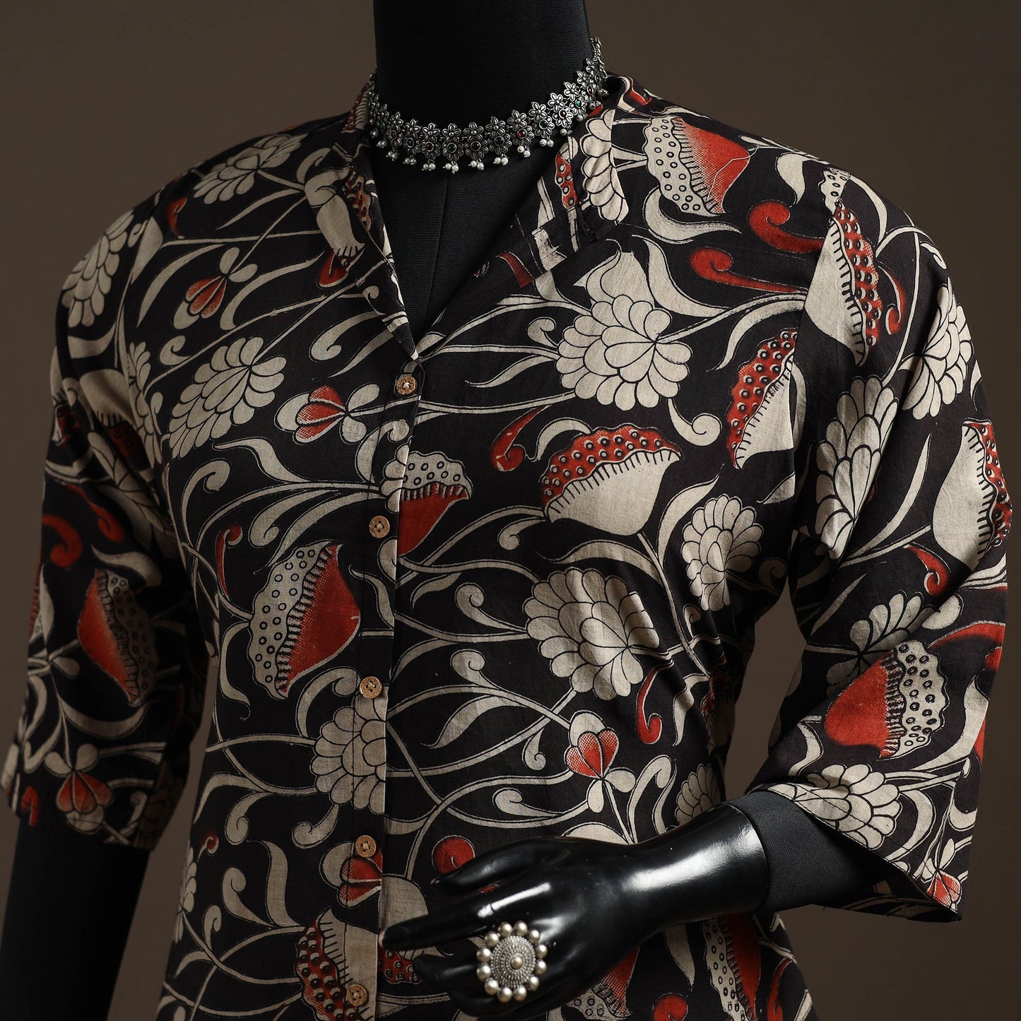 Hand embroidered printed cotton a-line kalamkari kurta