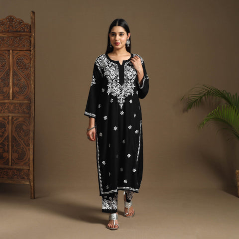 Black Hand Embroidered Rayon Chikankari Kurta with Pant Set
