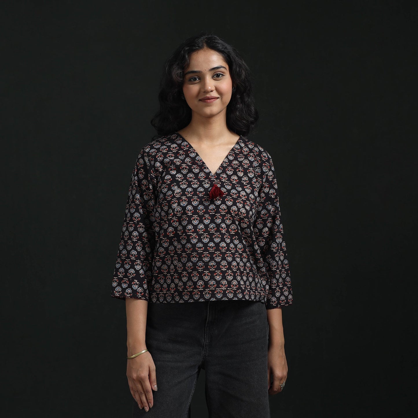 Hand embroidery block print cotton natural dyed ajrakh crop