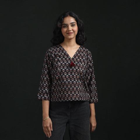 Hand embroidery block print cotton natural dyed ajrakh crop