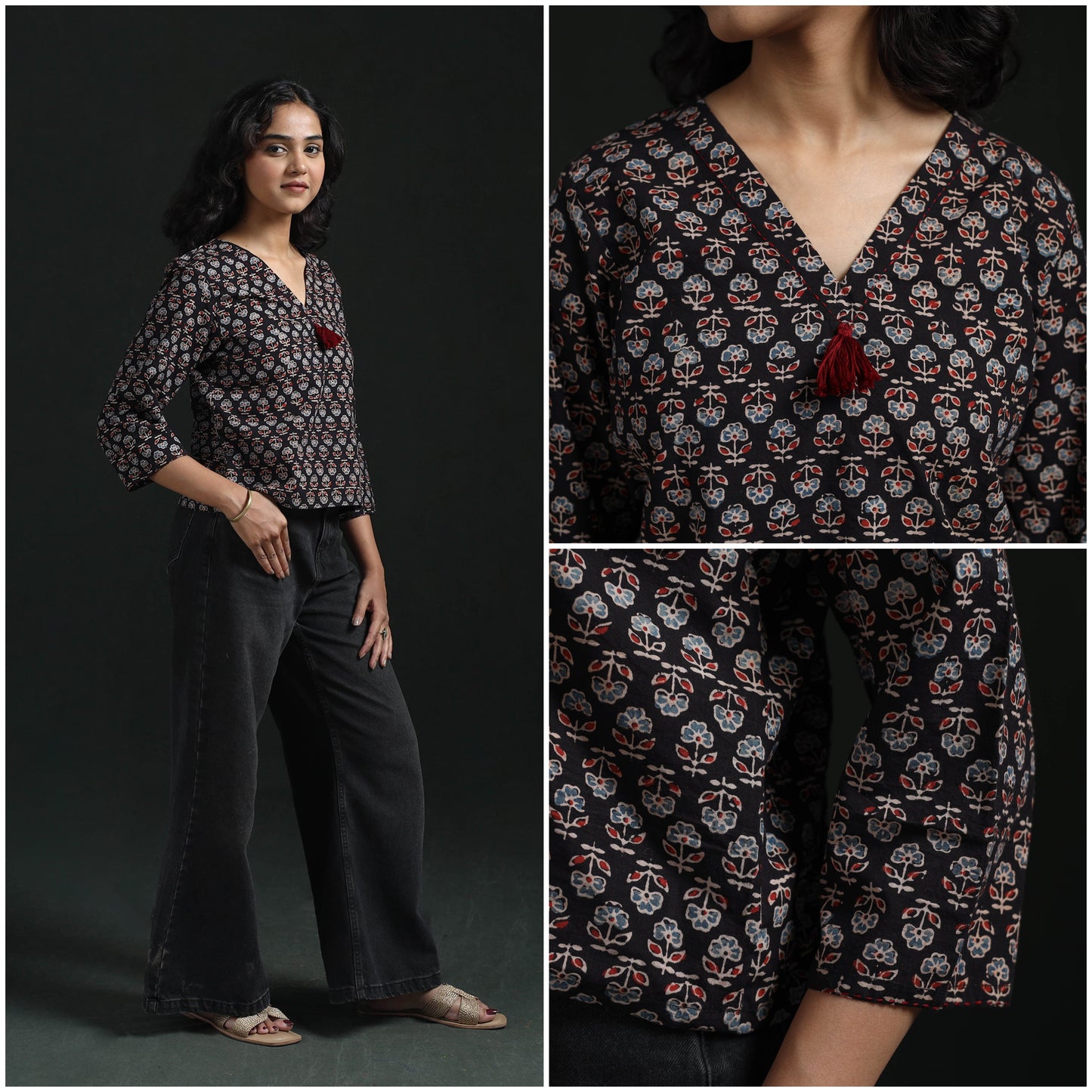Hand embroidery block print cotton natural dyed ajrakh crop
