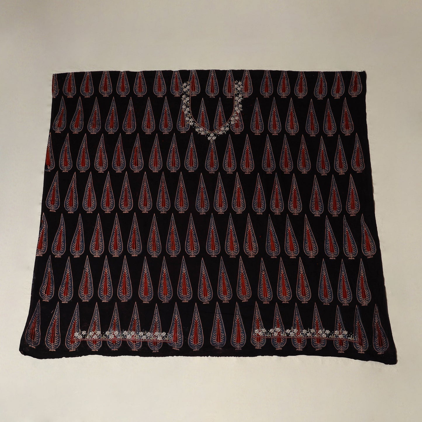 Black Ajrakh Print Hand Embroidery Cotton Blouse Piece