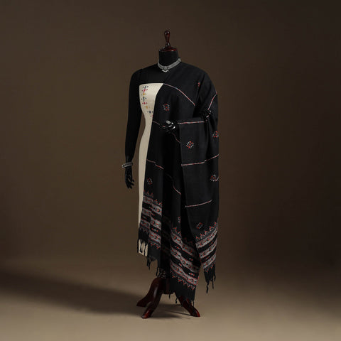 Black Hand Embroidery Khes Handwoven Cotton Kantha Dupatta