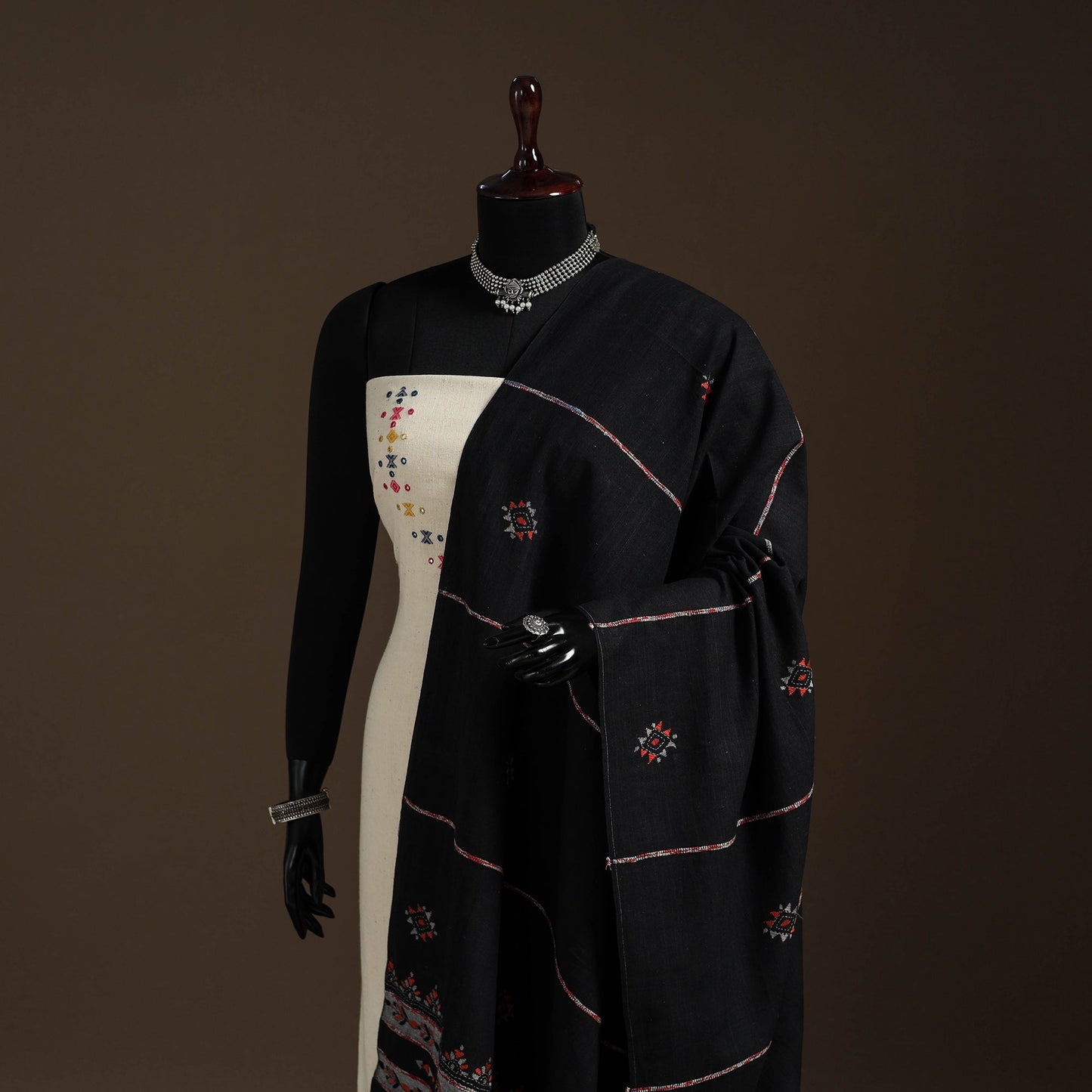 Black Hand Embroidery Khes Handwoven Cotton Kantha Dupatta