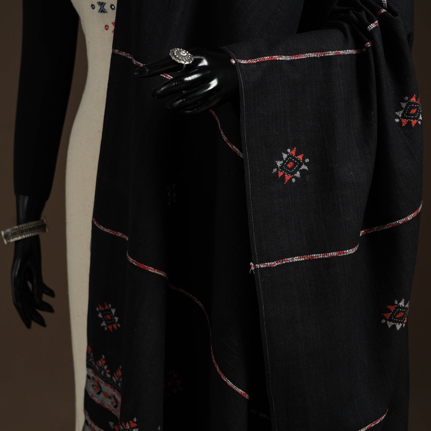 Black Hand Embroidery Khes Handwoven Cotton Kantha Dupatta