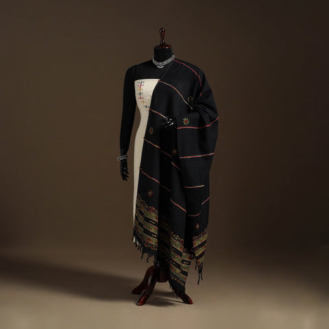 Black Hand Embroidery Khes Handwoven Cotton Kantha Dupatta