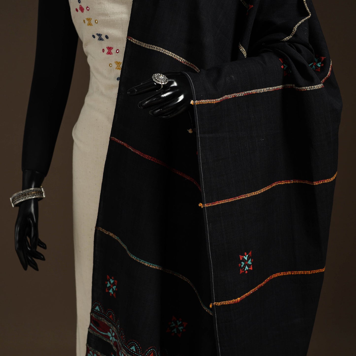 Black Hand Embroidery Khes Handwoven Cotton Kantha Dupatta