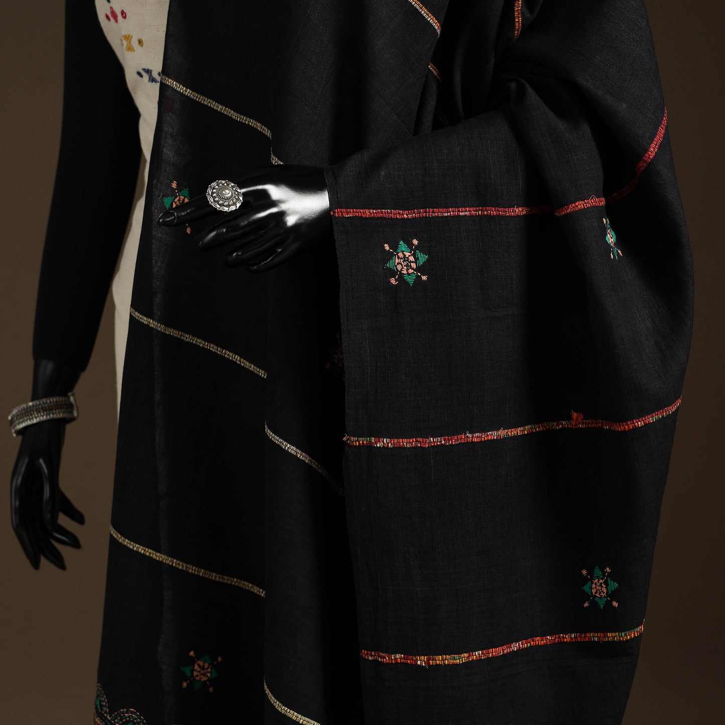 Black Hand Embroidery Khes Handwoven Cotton Kantha Dupatta