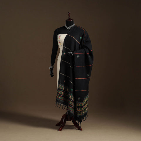 Black Hand Embroidery Khes Handwoven Cotton Kantha Dupatta