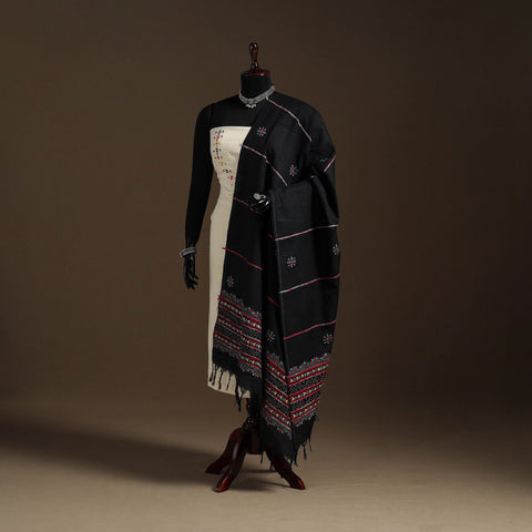 Black Hand Embroidery Khes Handwoven Cotton Kantha Dupatta