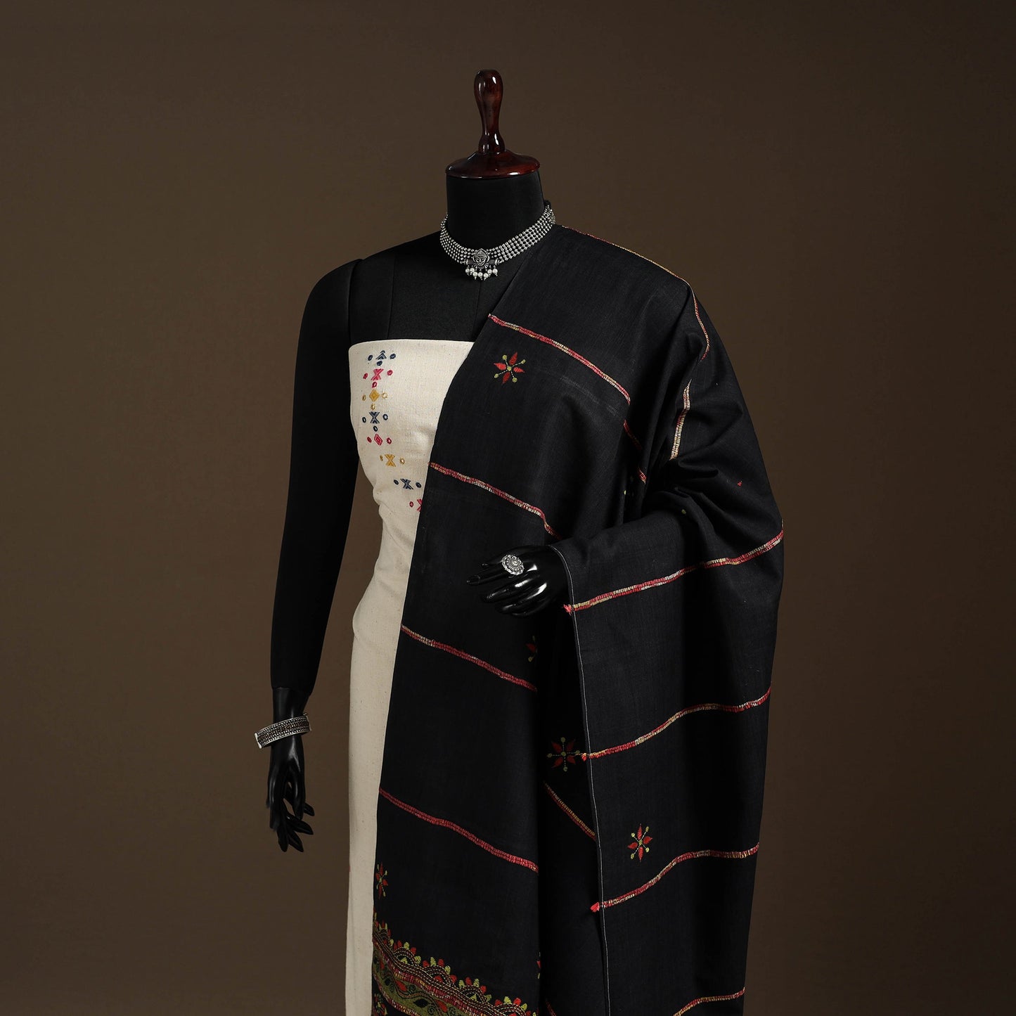 Black - hand embroidery khes handwoven cotton kantha