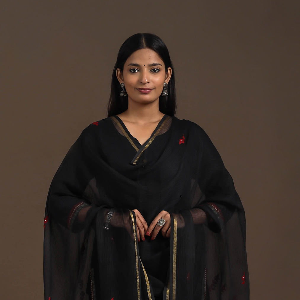 Black - hand embroidery kota silk kashida dupatta 02