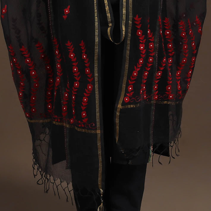 Black - hand embroidery kota silk kashida dupatta 02