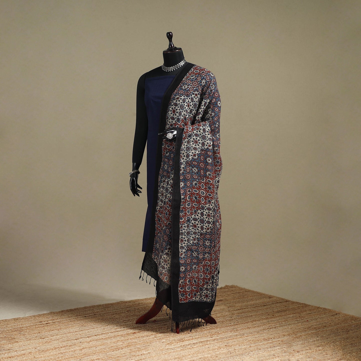 Hand natural dyed linen dupatta with tassels 16