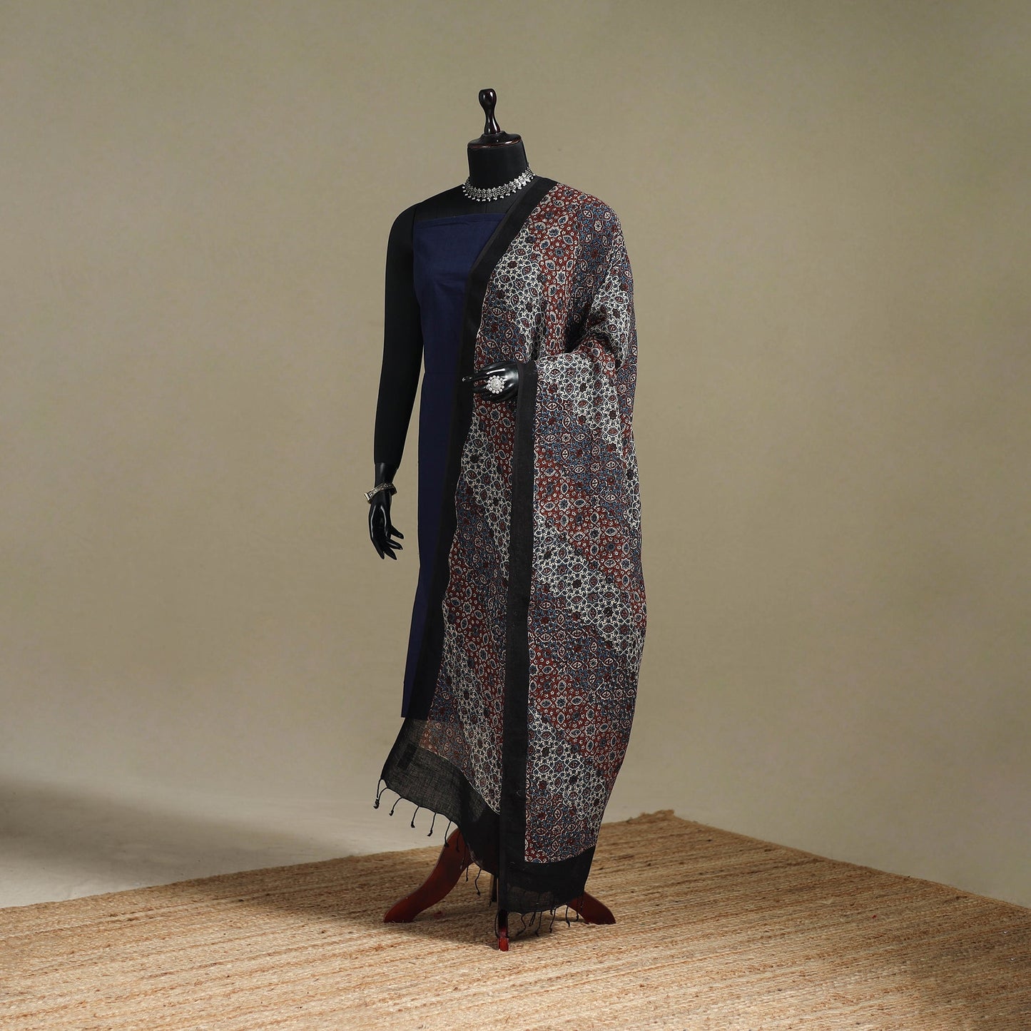 Hand natural dyed linen dupatta with tassels 19