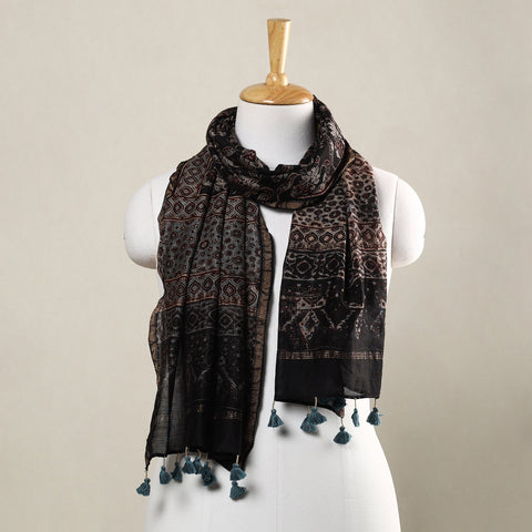 Black - Ajrakh Hand Block Printed Chanderi Silk Handloom Stole with Tassels