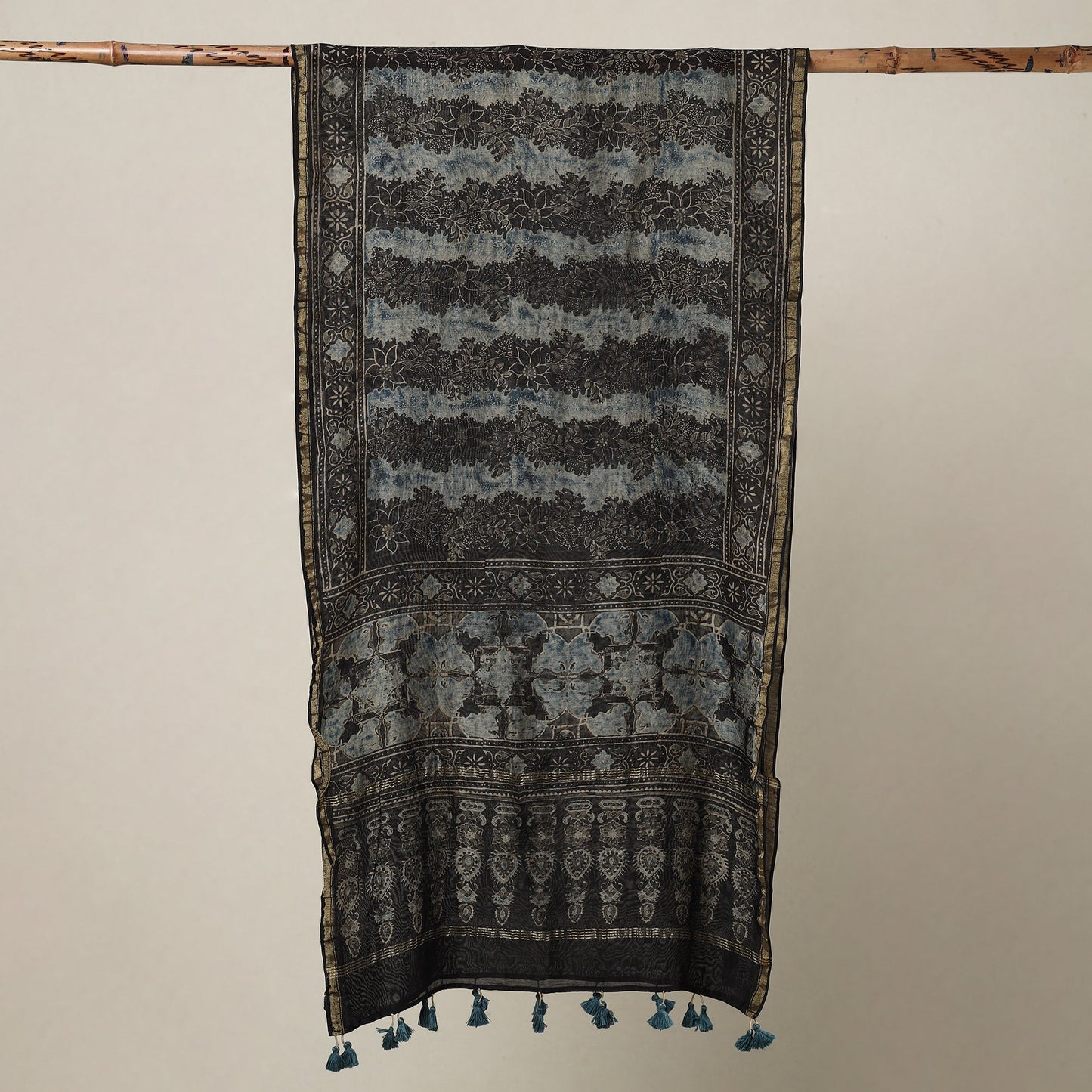  Ajrakh Hand Block Printed Chanderi Silk Handloom Stole with Tassels Online at iTokri.com