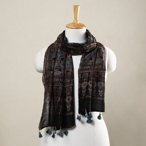  Ajrakh Hand Block Printed Chanderi Silk Handloom Stole with Tassels 