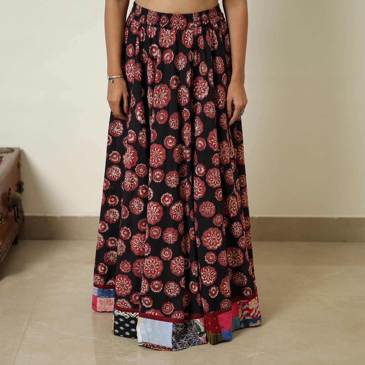Black - hand printed cotton long bagru skirt 05