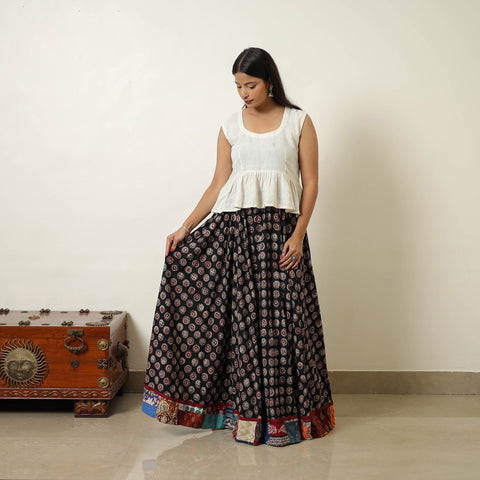 Black - hand printed cotton long bagru skirt 06