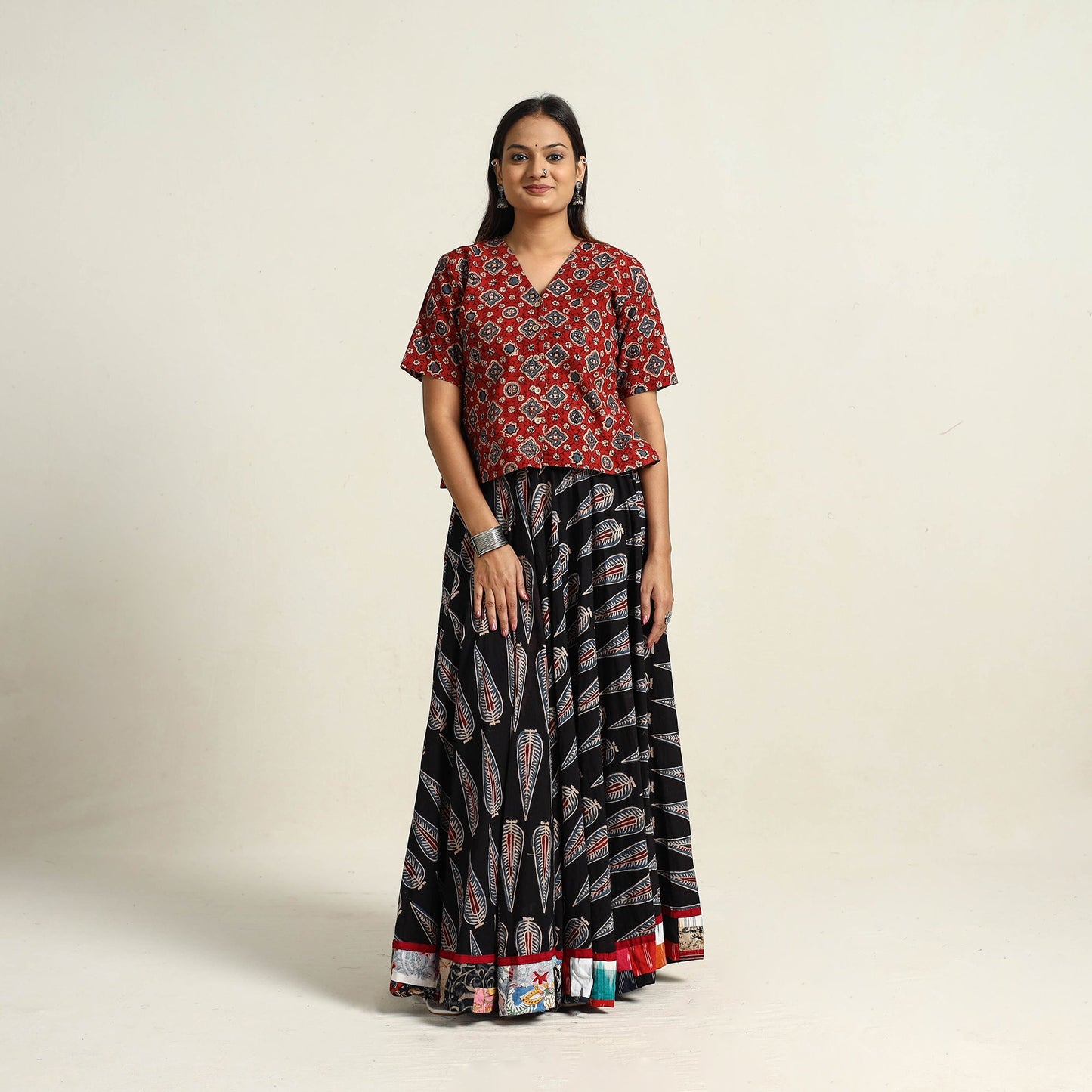 Black - hand printed cotton long skirt 17 - handcrafted