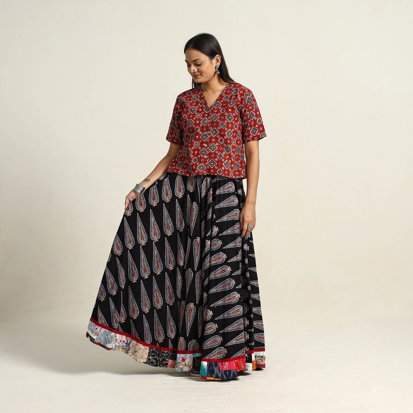 Black - hand printed cotton long skirt 17 - handcrafted