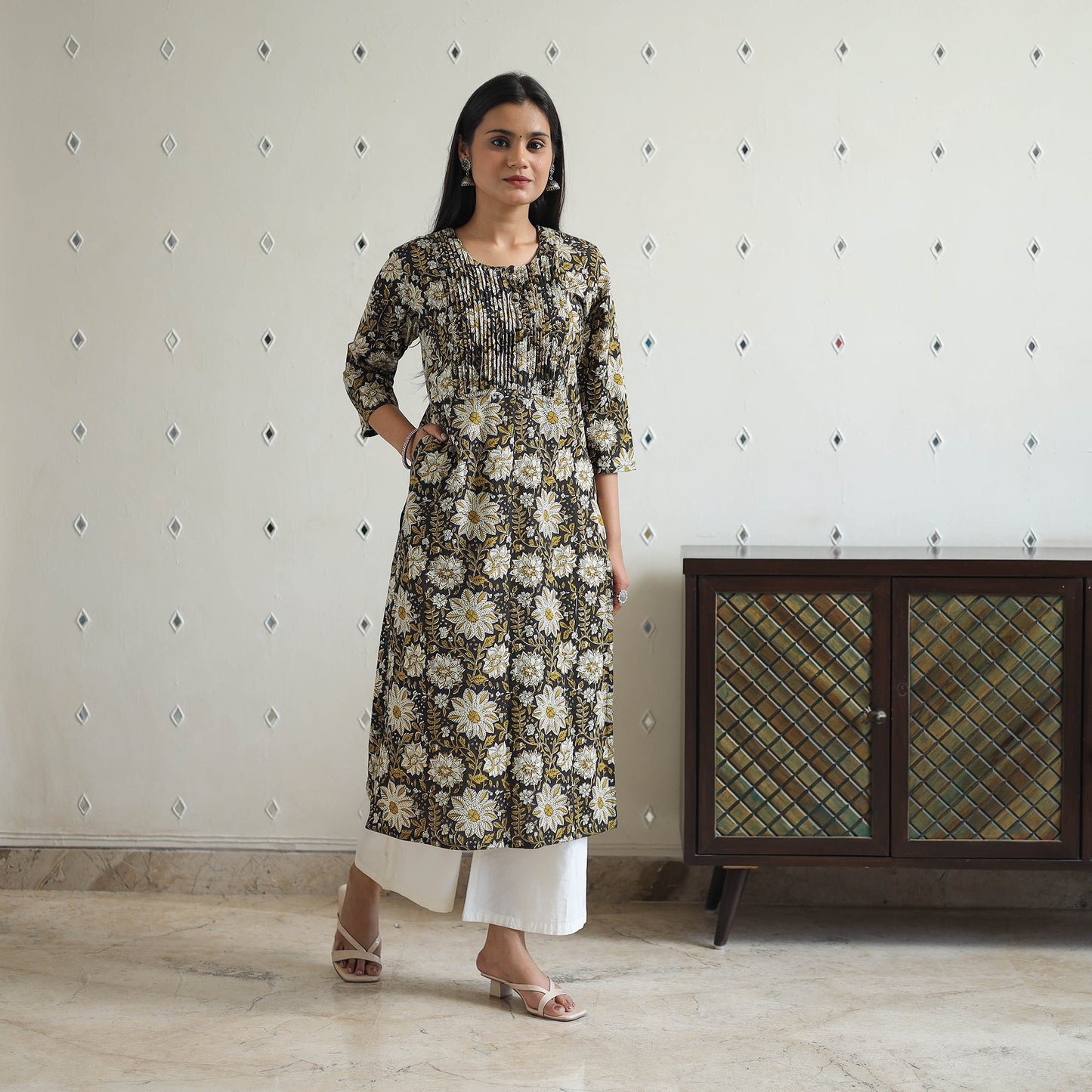 Hand Block Print Cotton Straight Pintuck Bagru Kurta for Women