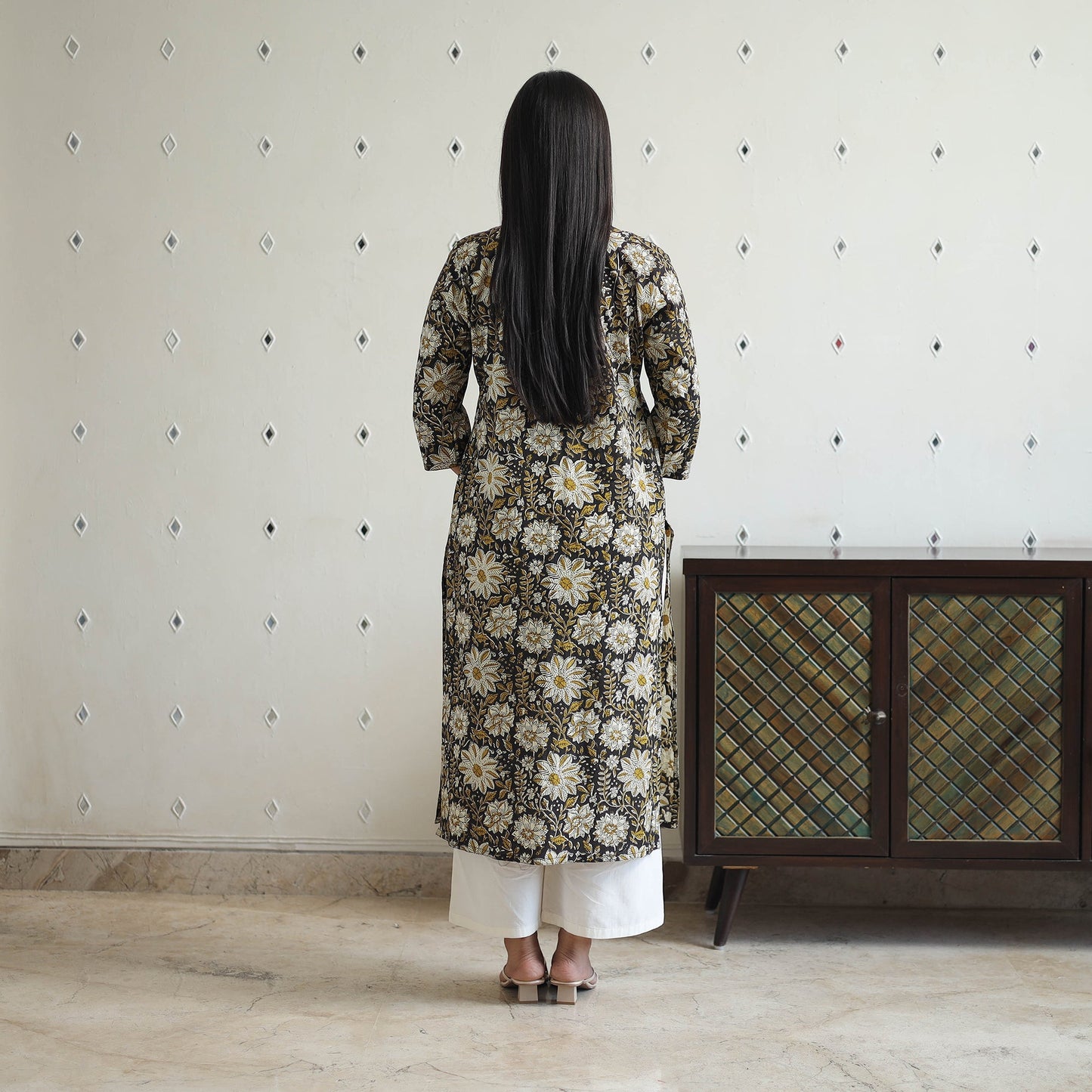 Hand Block Print Cotton Straight Pintuck Bagru Kurta for Women