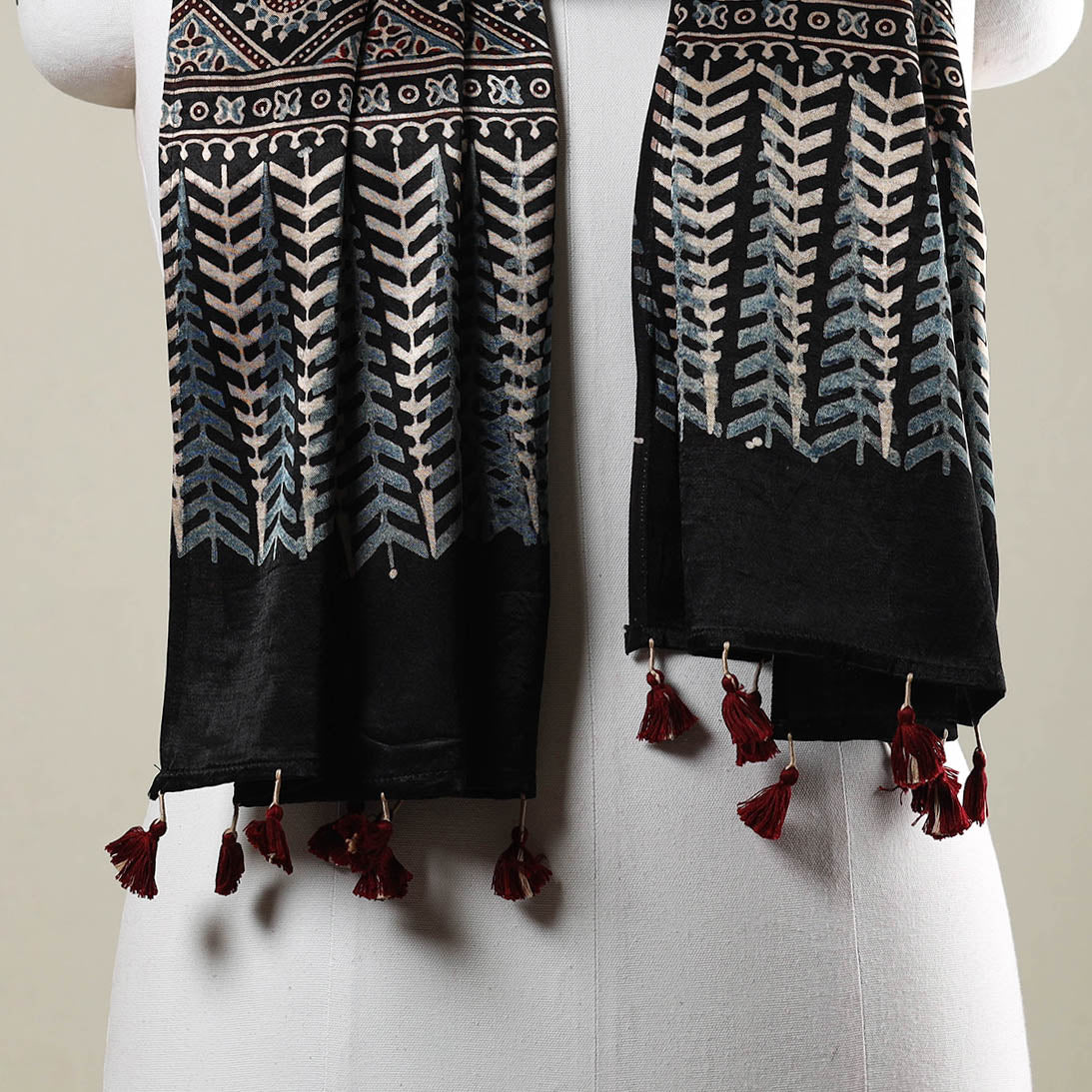  Ajrakh Hand Block Printed Mashru Silk Stole with Tassels 
