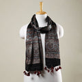 Black - Ajrakh Hand Block Printed Mashru Silk Stole with Tassels