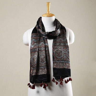 Black - Ajrakh Hand Block Printed Mashru Silk Stole with Tassels