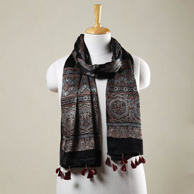 Black - Ajrakh Hand Block Printed Mashru Silk Stole with Tassels
