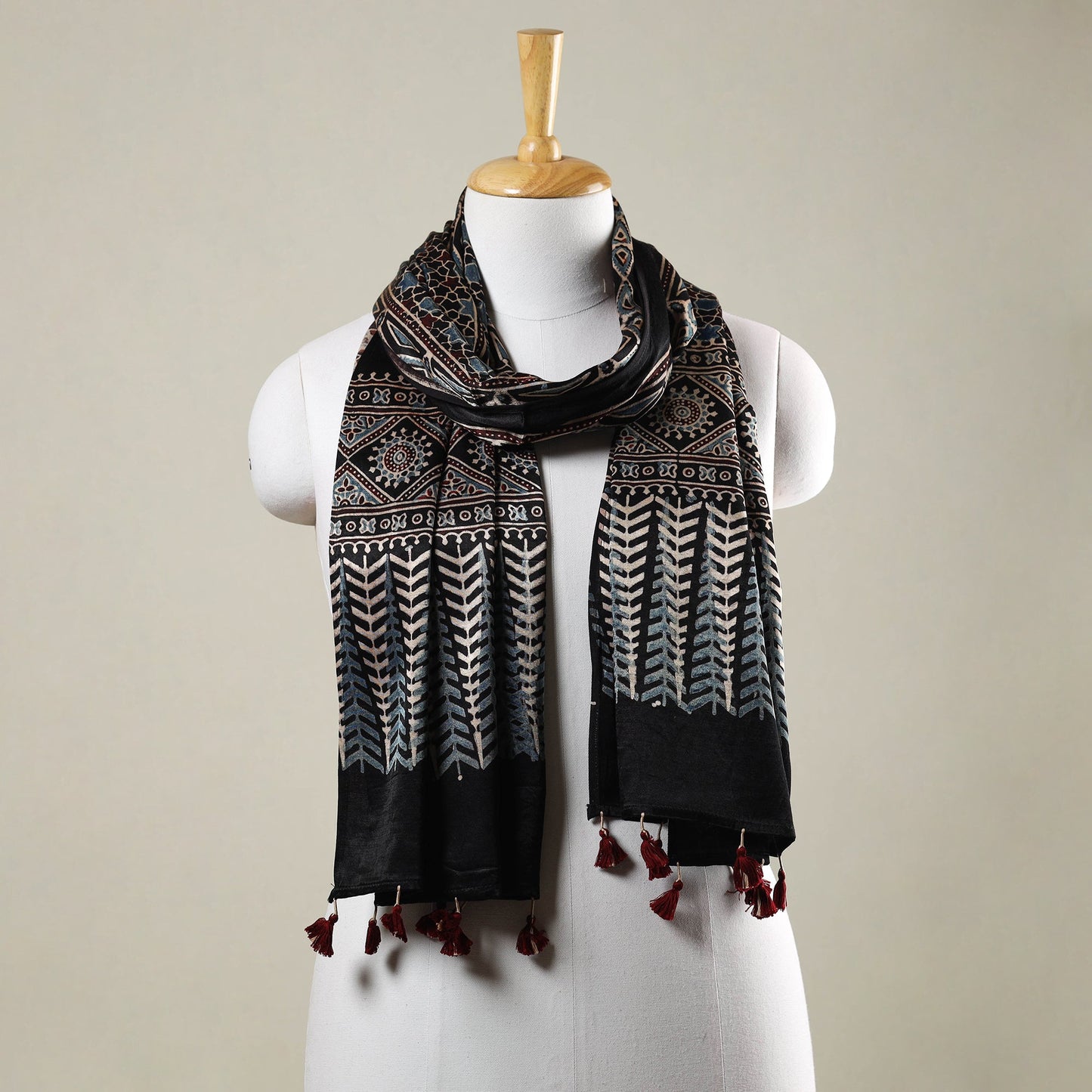  Ajrakh Hand Block Printed Mashru Silk Stole with Tassels 